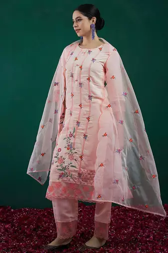 Floral Embroidered Straight Kurta With Trousers & Dupatta