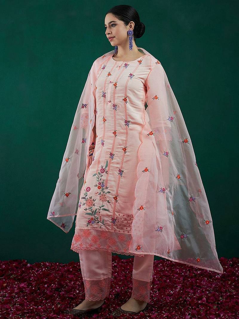 Floral Embroidered Straight Kurta With Trousers & Dupatta