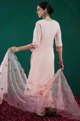 Floral Embroidered Straight Kurta With Trousers & Dupatta