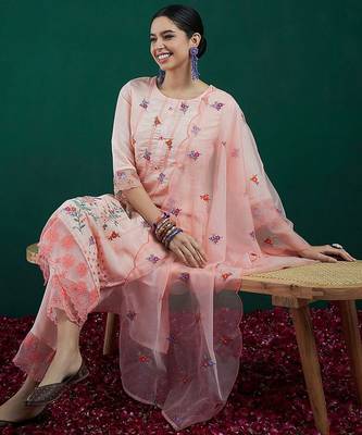 Floral Embroidered Straight Kurta With Trousers & Dupatta 7