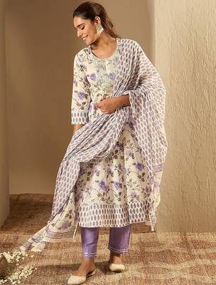 Floral Printed A-Line Sequinned Pure Cotton Kurta with Trousers & Dupatta 1
