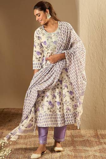 Floral Printed A-Line Sequinned  Cotton Kurta with Trousers & Dupatta