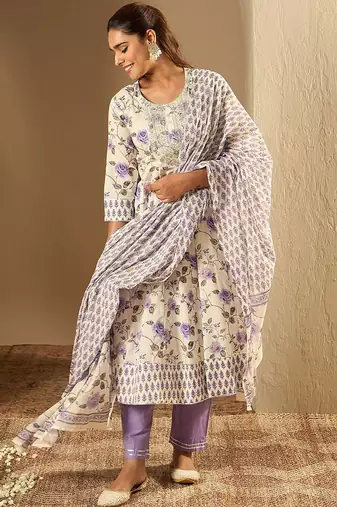 Floral Printed A-Line Sequinned Pure Cotton Kurta with Trousers & Dupatta