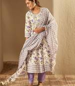 Floral Printed A-Line Sequinned Pure Cotton Kurta with Trousers & Dupatta