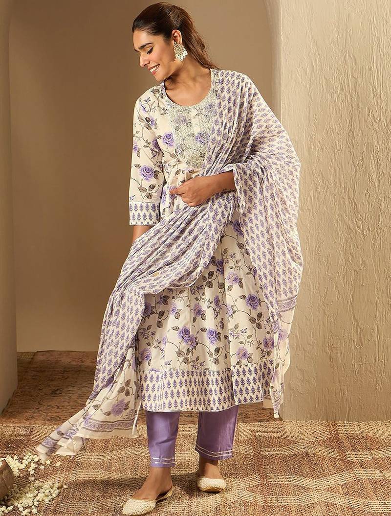 Floral Printed A-Line Sequinned Pure Cotton Kurta with Trousers & Dupatta