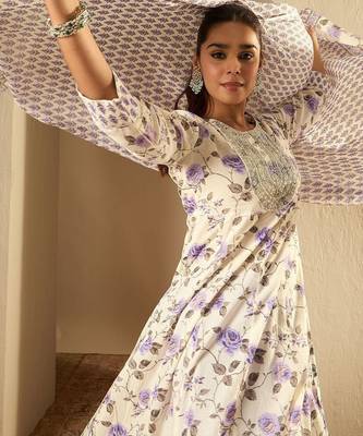 Floral Printed A-Line Sequinned Pure Cotton Kurta with Trousers & Dupatta 2