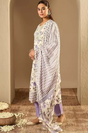 Floral Printed A-Line Sequinned Pure Cotton Kurta with Trousers & Dupatta