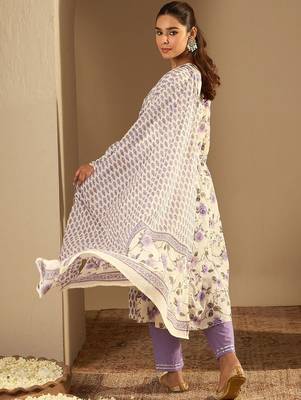 Floral Printed A-Line Sequinned Pure Cotton Kurta with Trousers & Dupatta 5