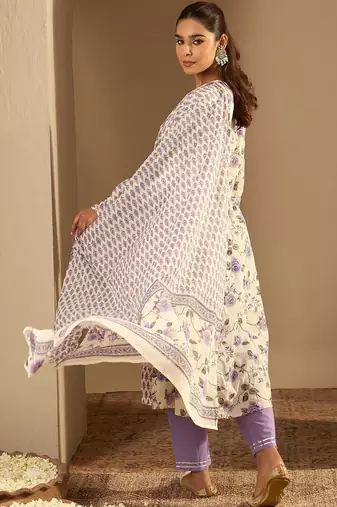Floral Printed A-Line Sequinned Pure Cotton Kurta with Trousers & Dupatta