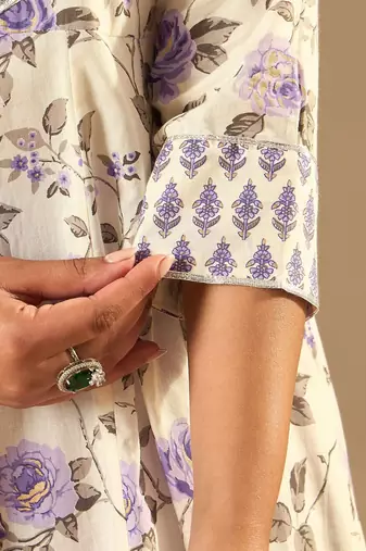 Floral Printed A-Line Sequinned Pure Cotton Kurta with Trousers & Dupatta