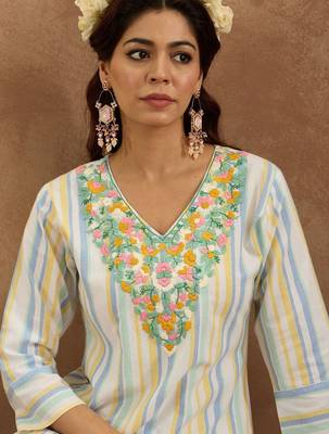 Women Floral Embroidered Regular Thread Work Pure Cotton Kurta with Trousers 2