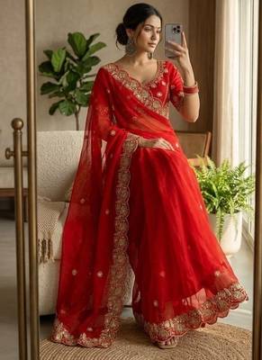 Red Color embroidery And sequence work Satin Saree 1