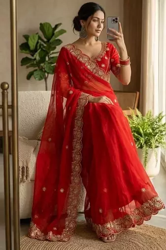 Red Color embroidery And sequence work Satin Saree