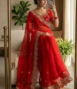 Red Color embroidery And sequence work Satin Saree