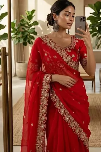 Red Color embroidery And sequence work Satin Saree
