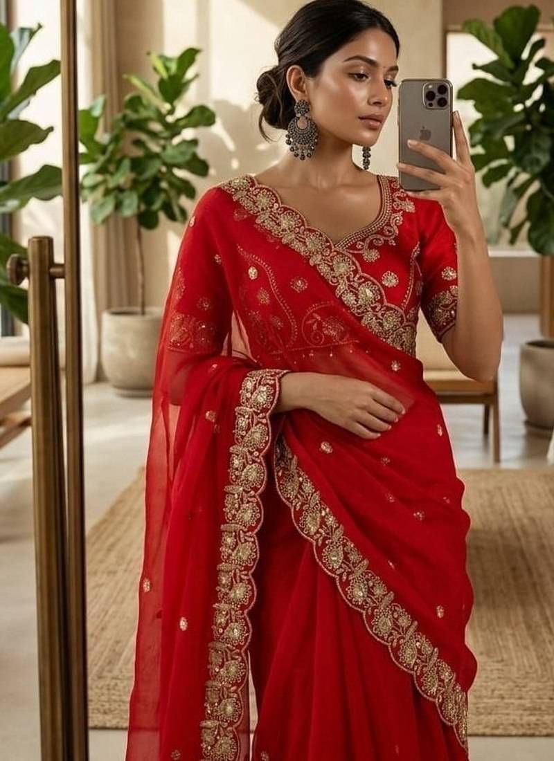 Red Color embroidery And sequence work Satin Saree