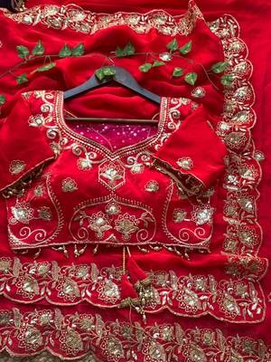Red Color embroidery And sequence work Satin Saree 4