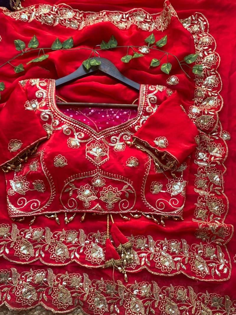 Red Color embroidery And sequence work Satin Saree