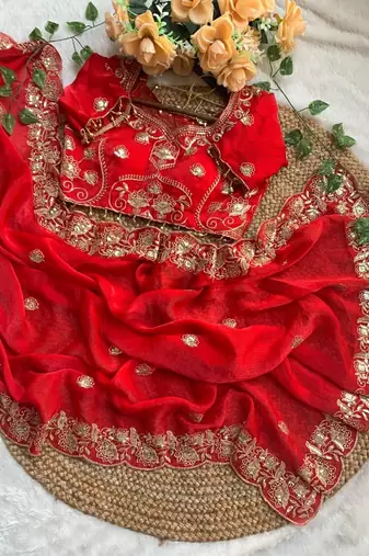 Red Color embroidery And sequence work Satin Saree