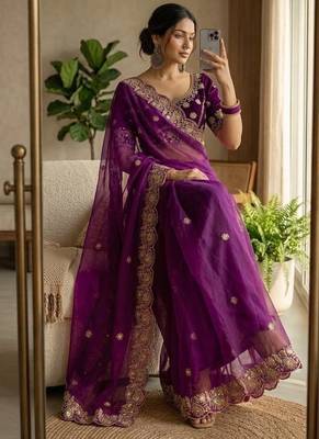 Wine Color embroidery And sequence work Satin Saree 1