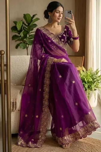 Wine Color embroidery And sequence work Satin Saree