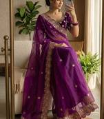 Wine Color embroidery And sequence work Satin Saree