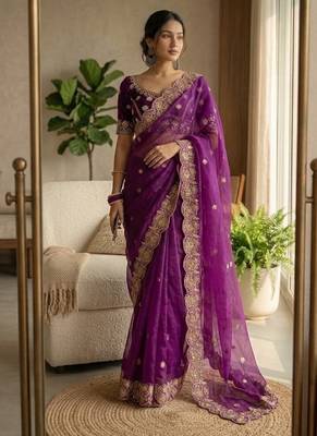 Wine Color embroidery And sequence work Satin Saree 2