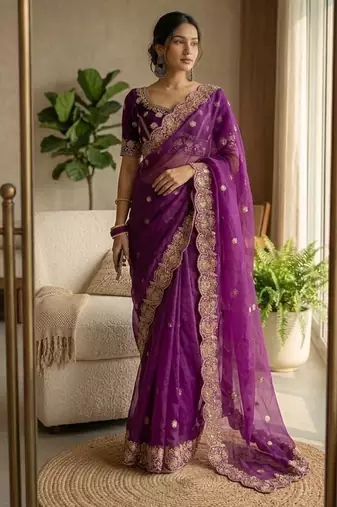 Wine Color embroidery And sequence work Satin Saree
