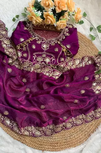 Wine Color embroidery And sequence work Satin Saree