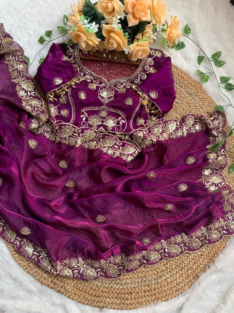 Wine Color embroidery And sequence work Satin Saree