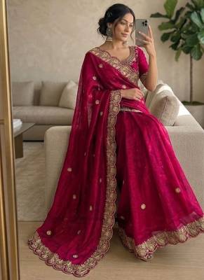 Pink Color embroidery And sequence work Satin Saree 1