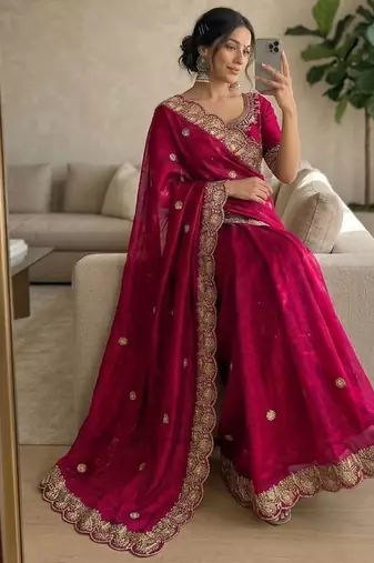 Pink Color embroidery And sequence work Satin Saree
