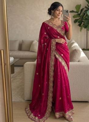 Pink Color embroidery And sequence work Satin Saree 2
