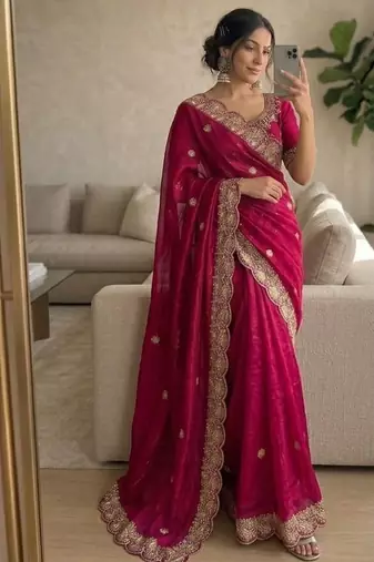 Pink Color embroidery And sequence work Satin Saree