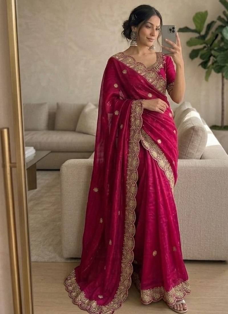 Pink Color embroidery And sequence work Satin Saree