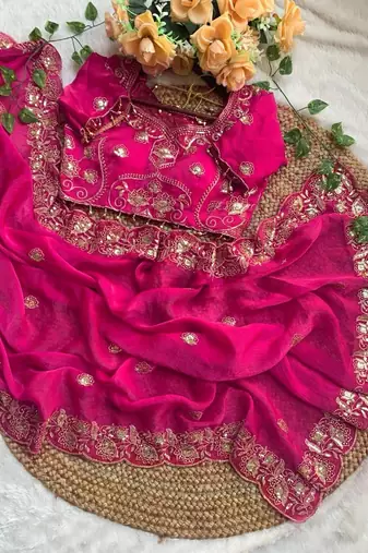 Pink Color embroidery And sequence work Satin Saree