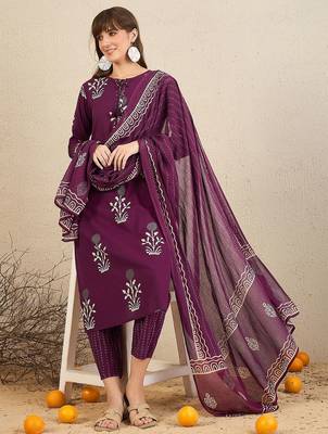 Floral Printed Tie-Up Neck  Cotton Straight Kurta With Trousers & Dupatta 1