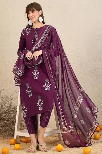 Floral Printed Tie-Up Neck  Cotton Straight Kurta With Trousers & Dupatta