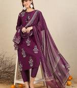Floral Printed Tie-Up Neck  Cotton Straight Kurta With Trousers & Dupatta