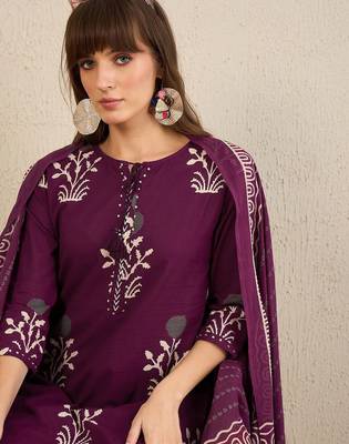 Floral Printed Tie-Up Neck  Cotton Straight Kurta With Trousers & Dupatta 2