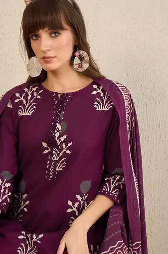 Floral Printed Tie-Up Neck  Cotton Straight Kurta With Trousers & Dupatta