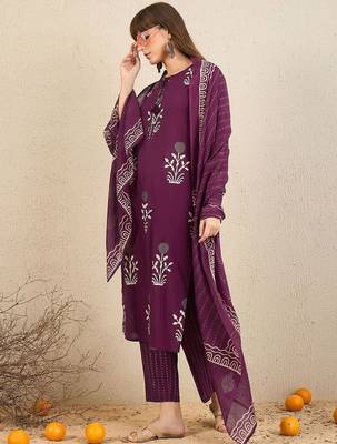 Floral Printed Tie-Up Neck  Cotton Straight Kurta With Trousers & Dupatta 5