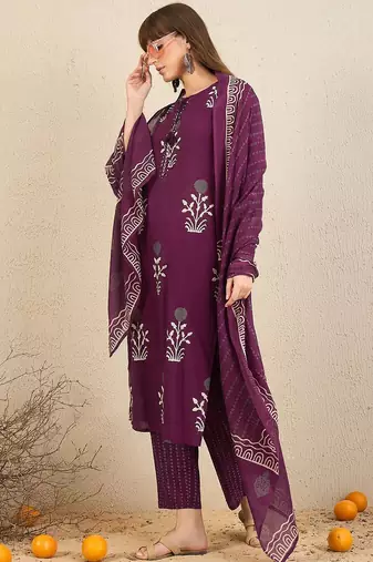 Floral Printed Tie-Up Neck  Cotton Straight Kurta With Trousers & Dupatta
