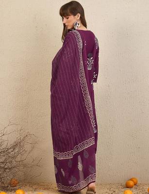 Floral Printed Tie-Up Neck  Cotton Straight Kurta With Trousers & Dupatta 6