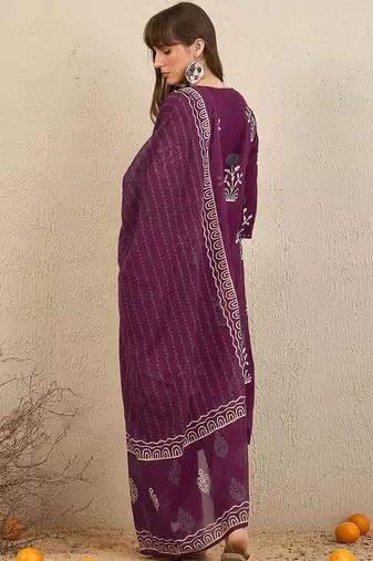 Floral Printed Tie-Up Neck  Cotton Straight Kurta With Trousers & Dupatta