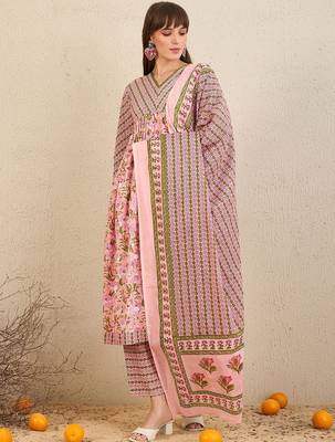 Floral Printed Empire  Cotton A-Line Kurta With Trousers & Dupatta 1