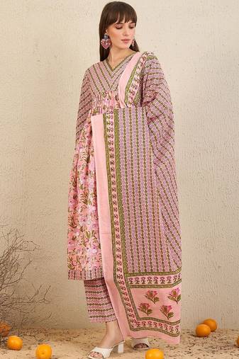 Floral Printed Empire  Cotton A-Line Kurta With Trousers & Dupatta