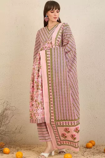 Floral Printed Empire  Cotton A-Line Kurta With Trousers & Dupatta