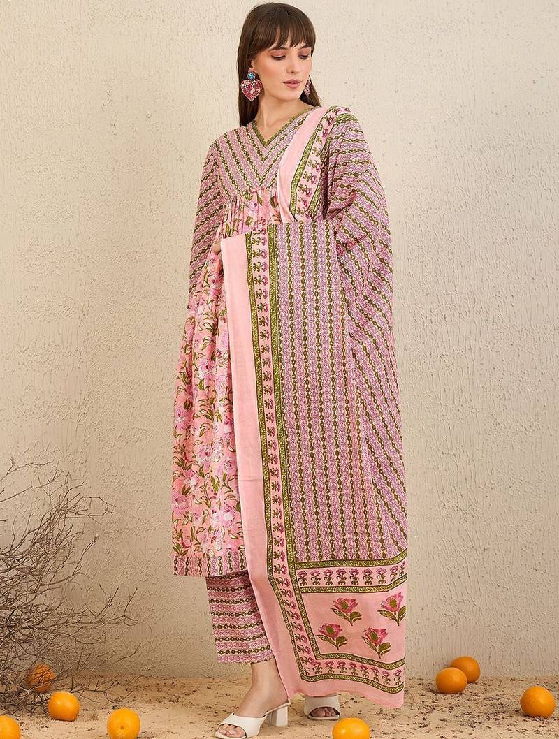 Floral Printed Empire Pure Cotton A-Line Kurta With Trousers & Dupatta