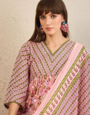 Floral Printed Empire  Cotton A-Line Kurta With Trousers & Dupatta 2